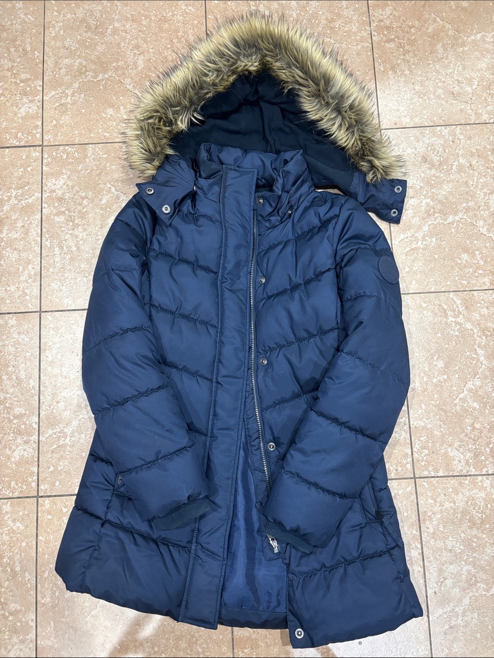 Women's Navy Quilted Puffer Coat with Faux Fur Hood